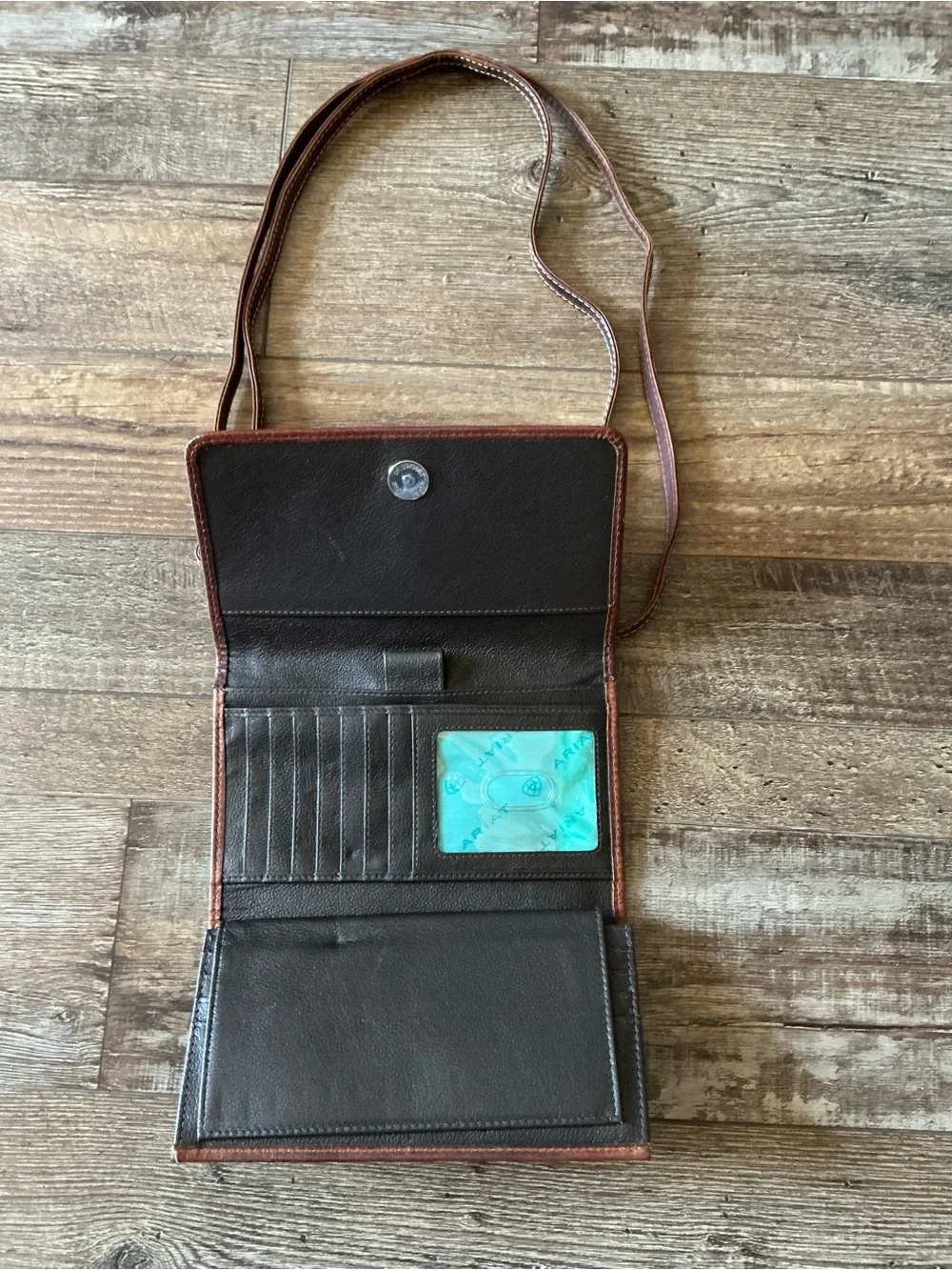 Ariat Dark Brown Leather Crossbody Wallet with Cream Stitching